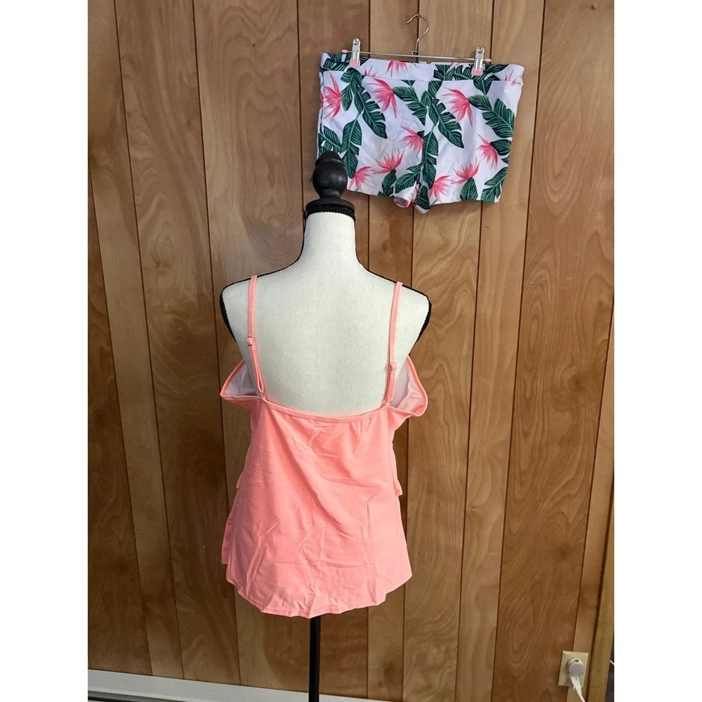 Coral Pink Ruffle Tankini Set‎ Tropical Floral Shorts Swimsuit Plus Size 3XL